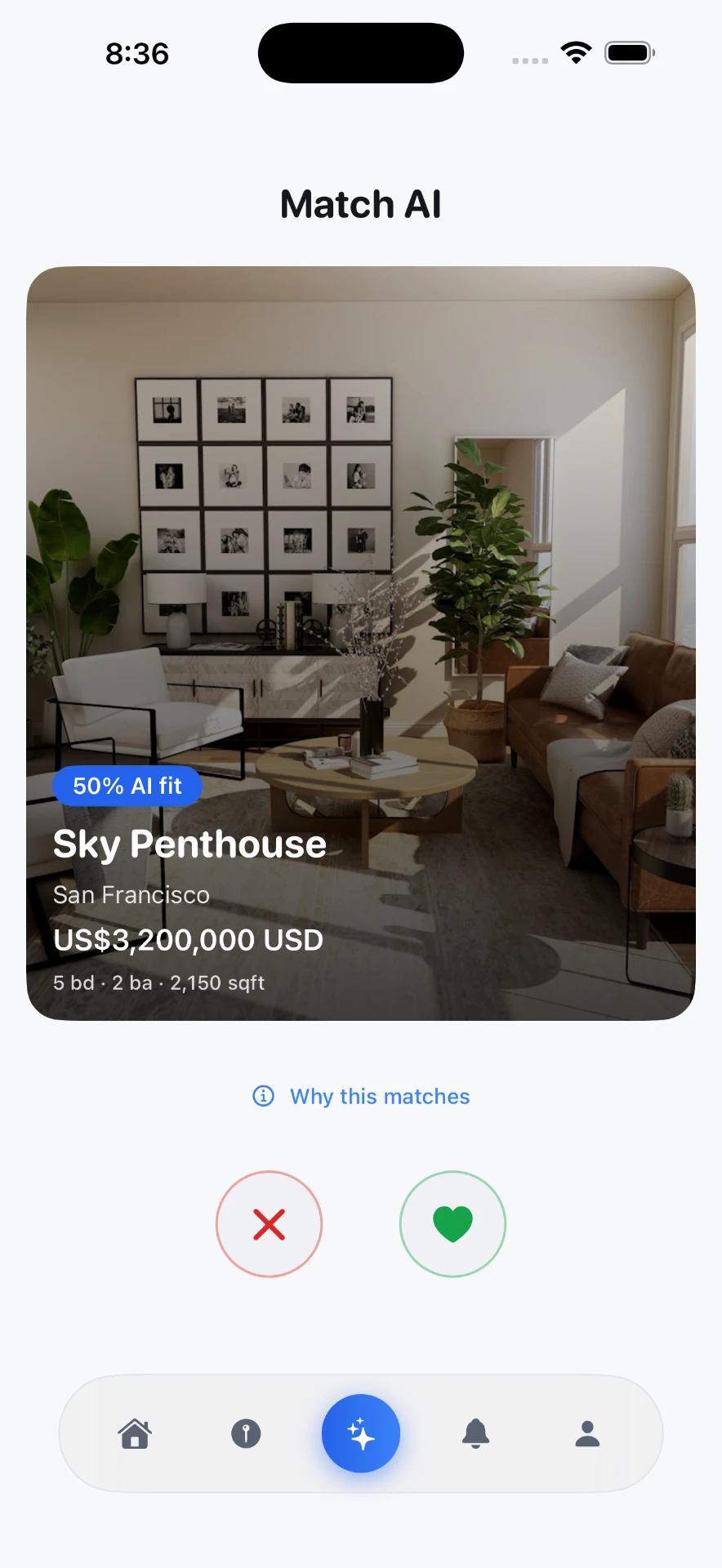Genuinely match screen of the Match & Buy iOS app