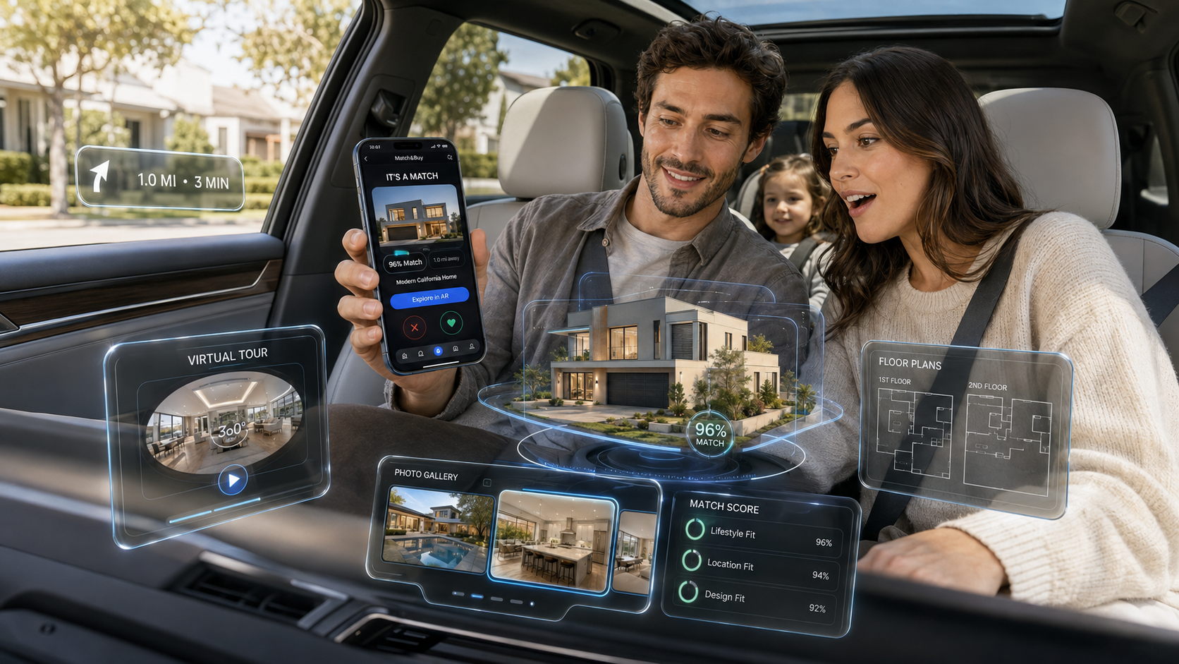 MatchAR immersive property preview with a family exploring a home through augmented reality in a car