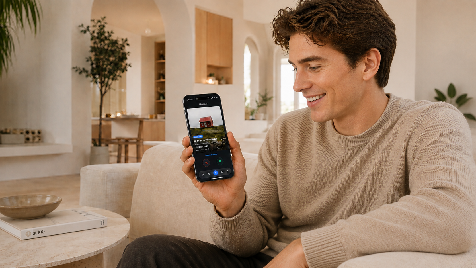 A person discovering a property match on the Match&Buy app at home