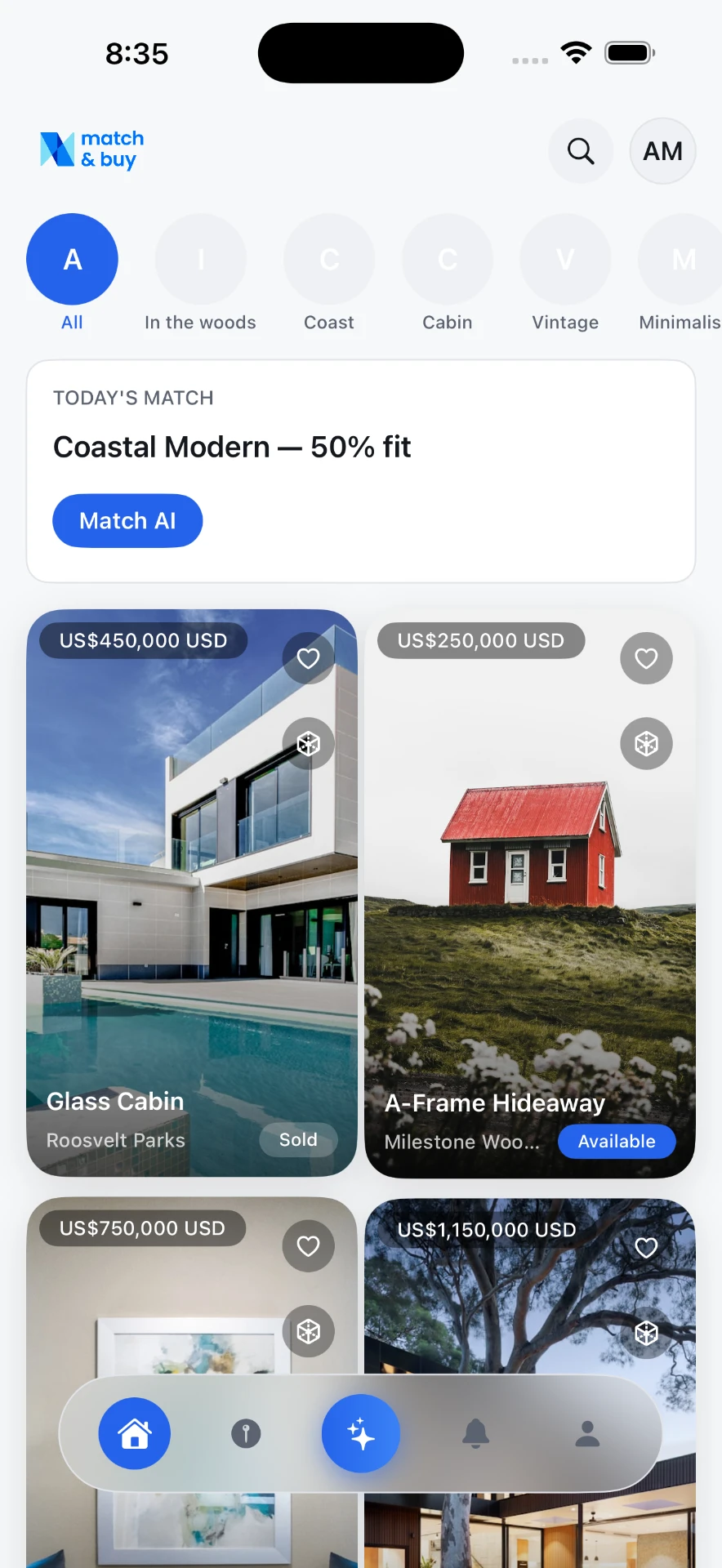 All-in one feed screen of the Match & Buy iOS app
